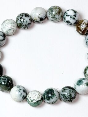 Tree Agate Bracelet 10mm Beaded Stretch 6.5” Natural Stone NWOT